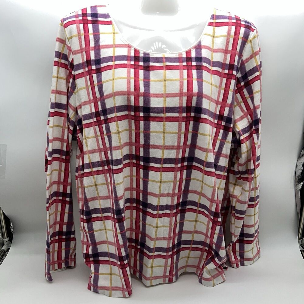 Karen Scott Shirt Women's Pink/Purple/Yellow Plaid on White Long Sleeve-Size 2XL